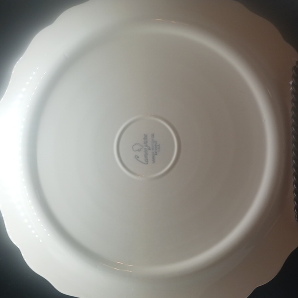 Cameoware by Harkerware Pottery Co. Patented U.S.A.  Blue & White Cake Plate - Picture 2 of 4